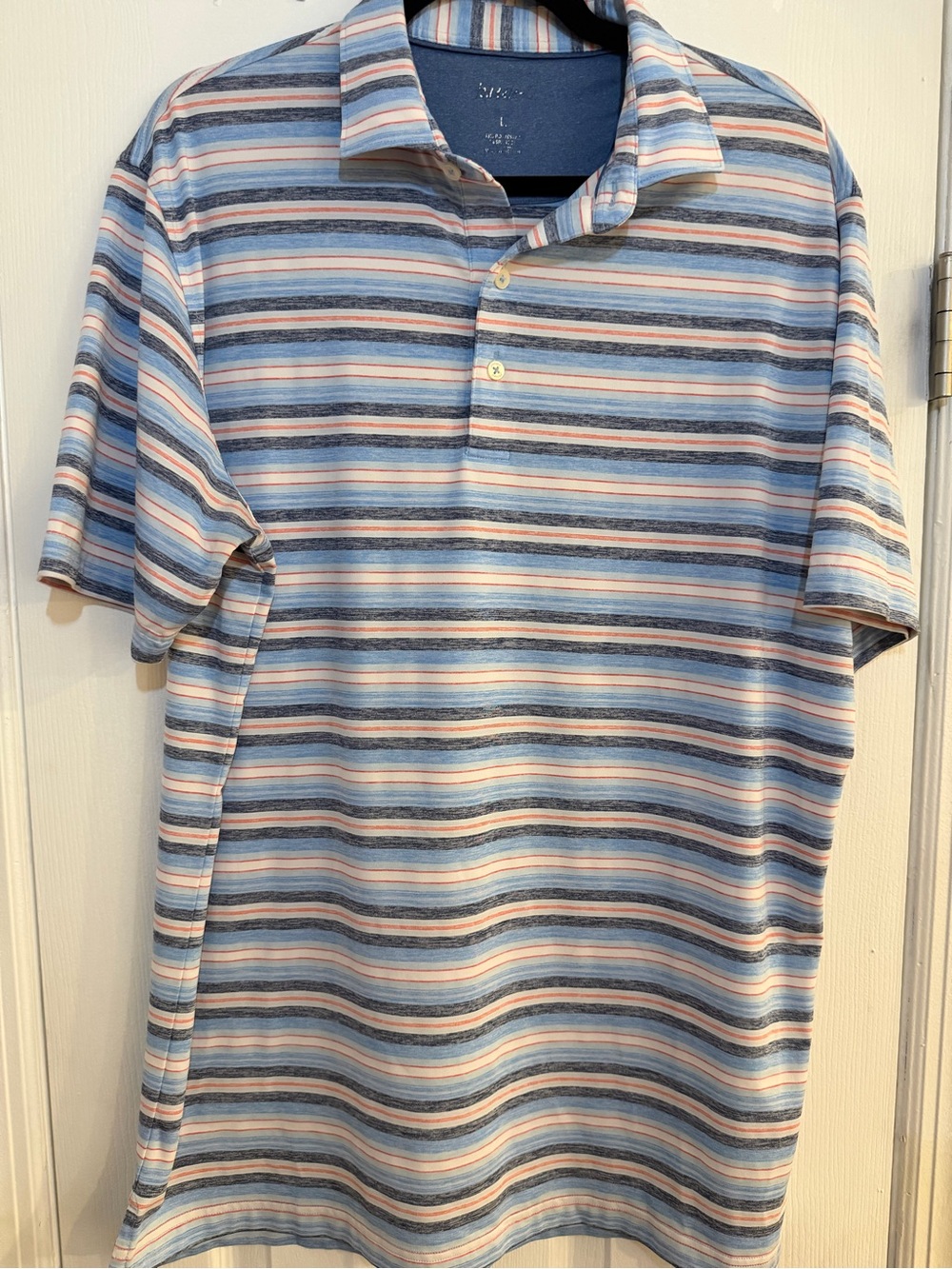 Johnnie-O Men’s Striped Polo Shirt Large Blue Coral Cream Short Sleeve
